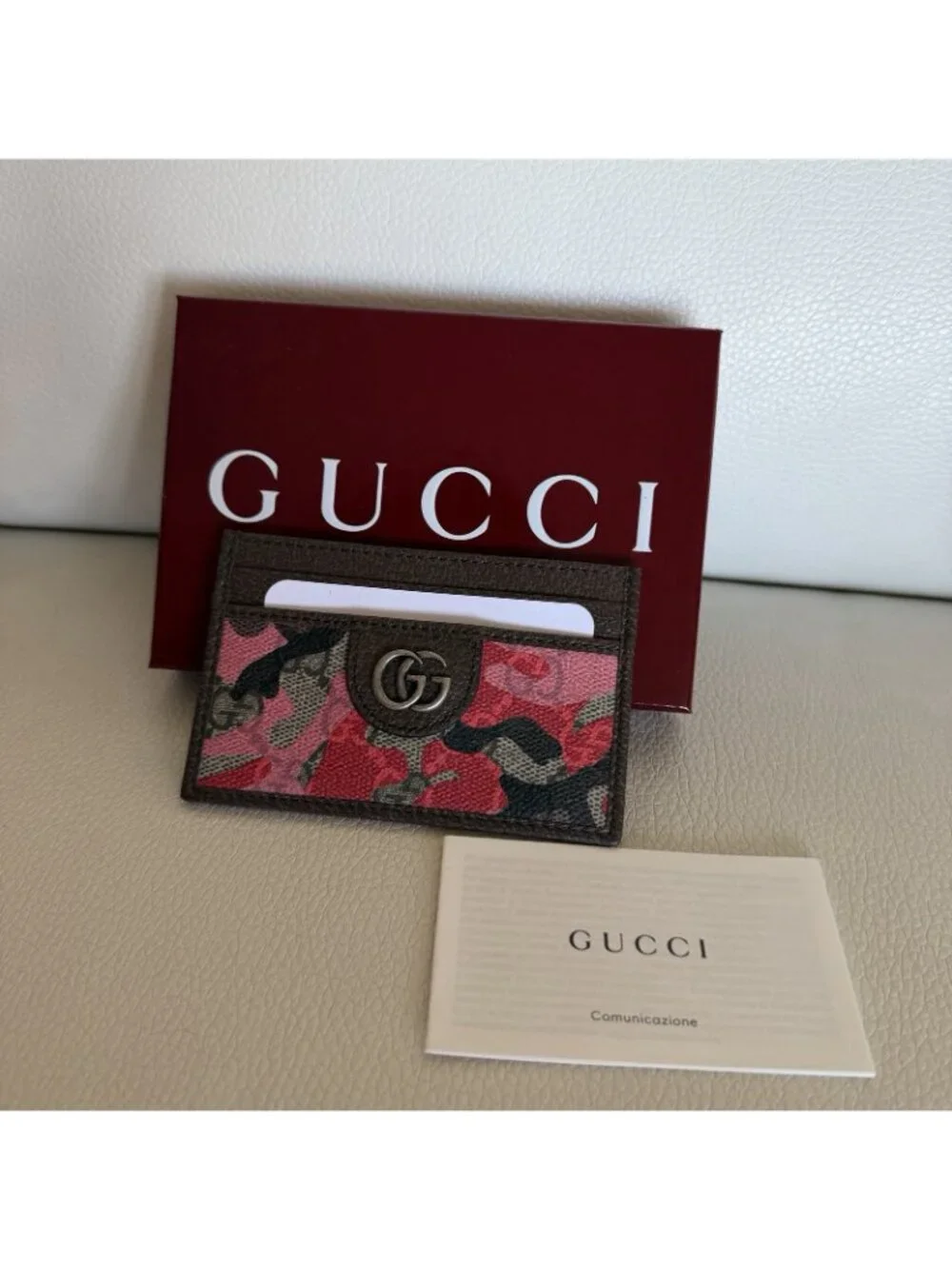 NWT Gucci GG Monogram Red Camo Canvas Brown LeatherCard Holder Wallet Authentic